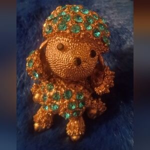 Adorable Betsy Johnson Large Poodle Charm Gold Toned w/Blue Rhinestones 1.75"